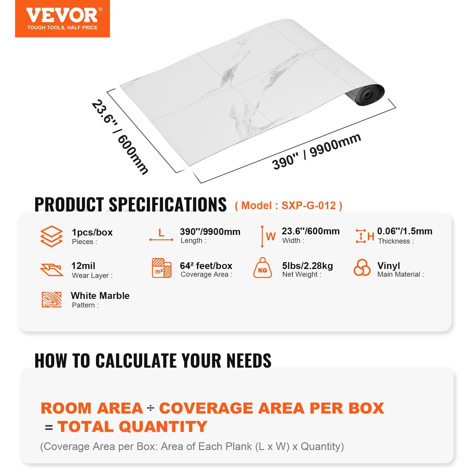 Self Adhesive Vinyl Floor Tiles 390 x 23.6 inch, 1.5mm Thick Peel & Stick, White Marble Texture DIY Flooring for Kitchen, Dining Room, Bedrooms & Bathrooms, Easy for Home Decor