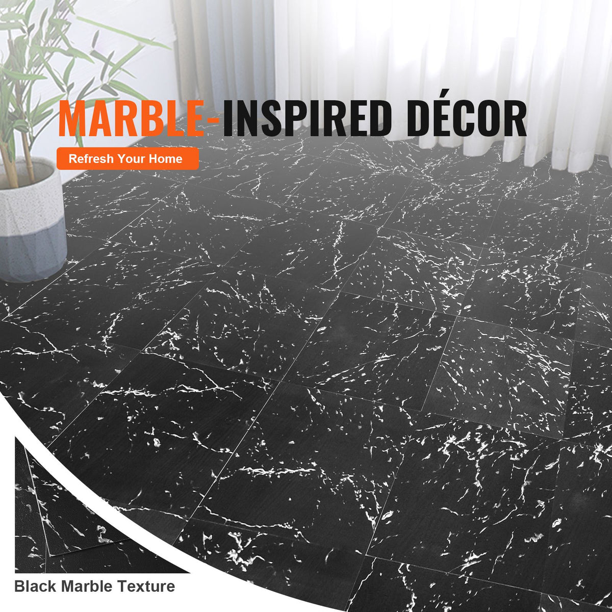 50PCS Peel & Stick Vinyl Floor Tiles 12x12 Black Marble Waterproof DIY