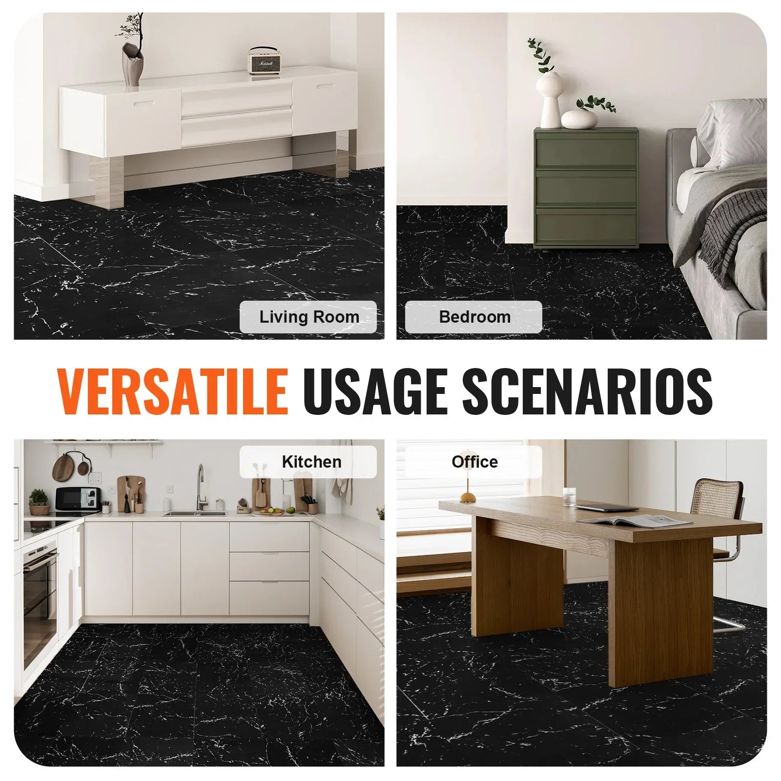 Self Adhesive Vinyl Floor Tiles 12 x 12 inch, 50 Tiles 1.5mm Thick Peel & Stick, Black Marble Texture DIY Flooring for Kitchen, Dining Room, Bedrooms & Bathrooms, Easy for Home Decor