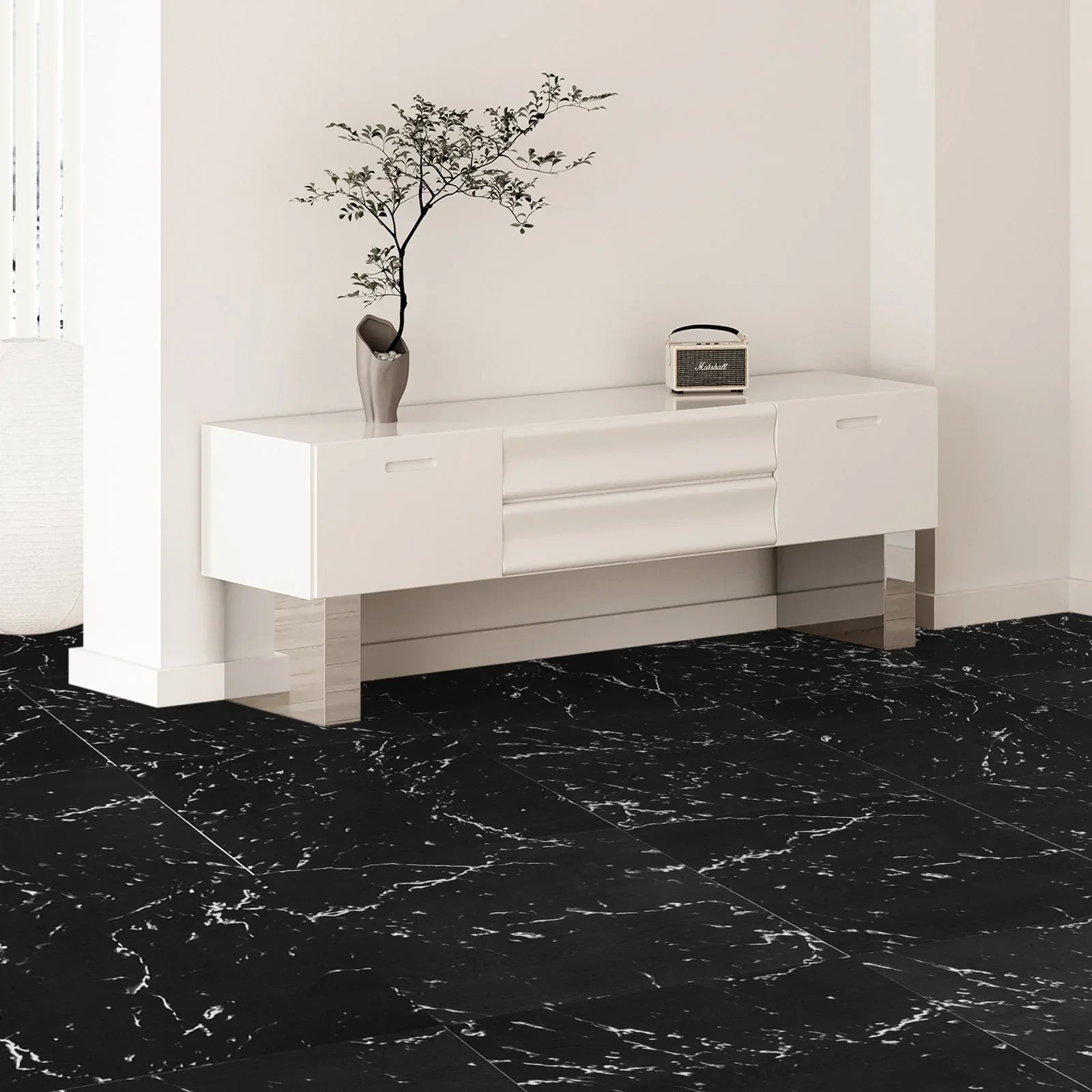 Self Adhesive Vinyl Floor Tiles 12 x 12 inch, 50 Tiles 1.5mm Thick Peel & Stick, Black Marble Texture DIY Flooring for Kitchen, Dining Room, Bedrooms & Bathrooms, Easy for Home Decor