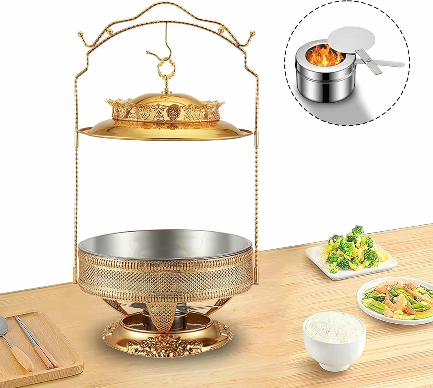 Gold Chafing Dish Buffet Set, Luxury Buffet r Hanging Lid Dining Stove Set with Lid