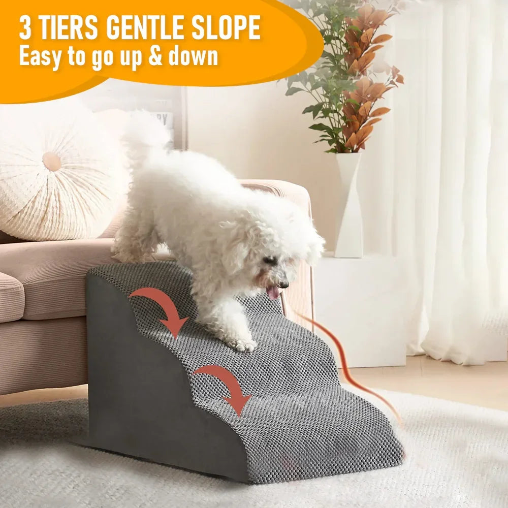 3 Tiers Dog Ramp Non-Slip Pet Steps Cat Stairs Foam Soft Pet Slope Max 40LBS Load for High Beds Sofa Couches With Zippered Washable Corduroy Cover Indoor