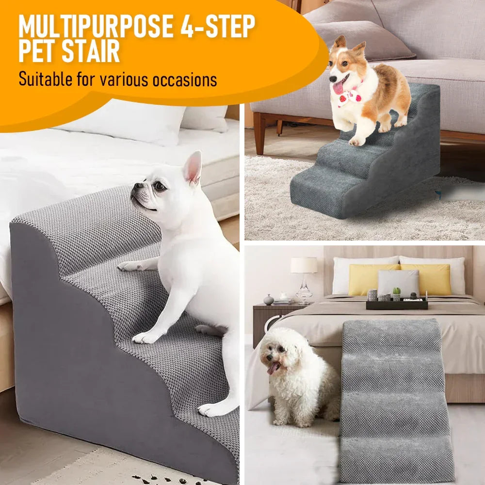 Non-Slip 4 Tiers Dog Ramp/Step/Stair Foam Dog Steps for High Beds or Couches