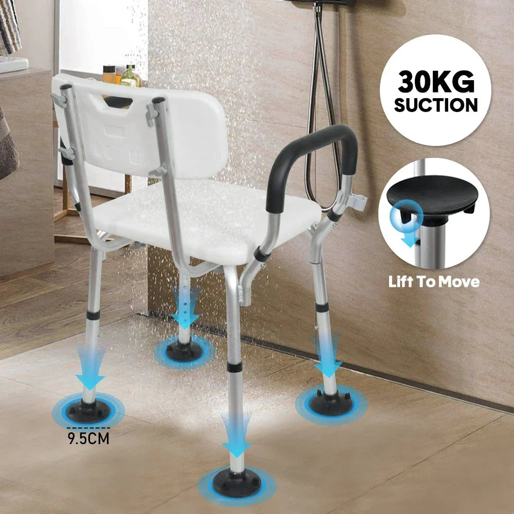 Shower Seat Bath Chair Adjustable Height Non-Slip Shower Bathtub Seat with Padded Arms Removable Back for Elderly Medical Disabled Safety Bathroom