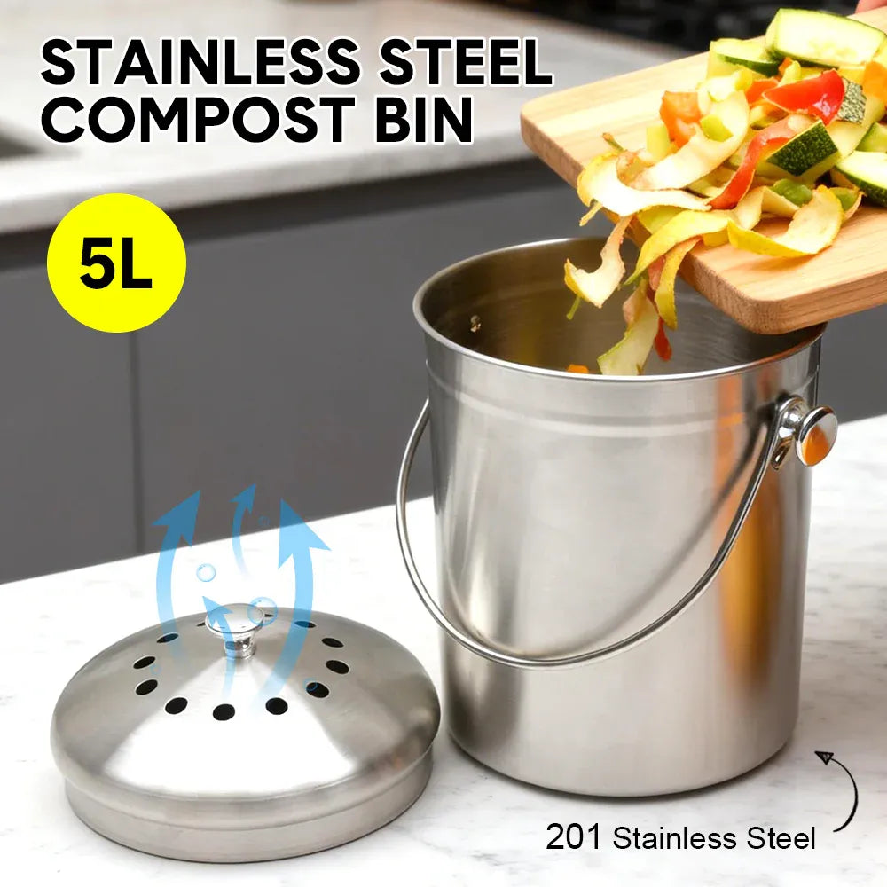 5L Compost Bin Kitchen Countertop Stainless Steel Composter Bucket with Lid and Charcoal Caddy Kitchen Waste Pail Odour Free and Easy Cleaning Silver