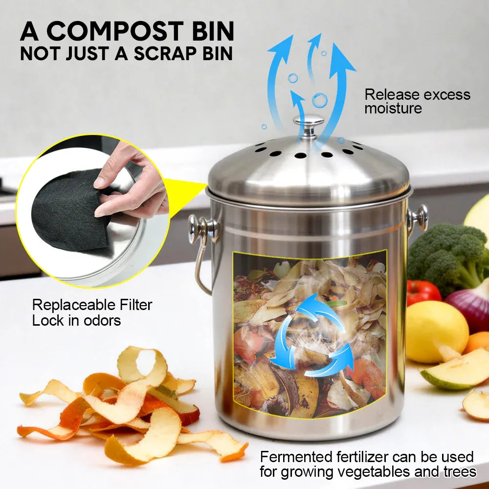 5L Compost Bin Kitchen Countertop Stainless Steel Composter Bucket with Lid and Charcoal Caddy Kitchen Waste Pail Odour Free and Easy Cleaning Silver