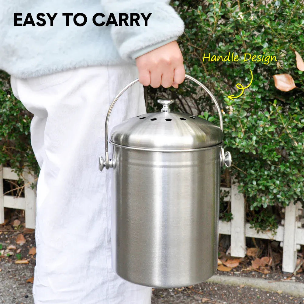 5L Compost Bin Kitchen Countertop Stainless Steel Composter Bucket with Lid and Charcoal Caddy Kitchen Waste Pail Odour Free and Easy Cleaning Silver