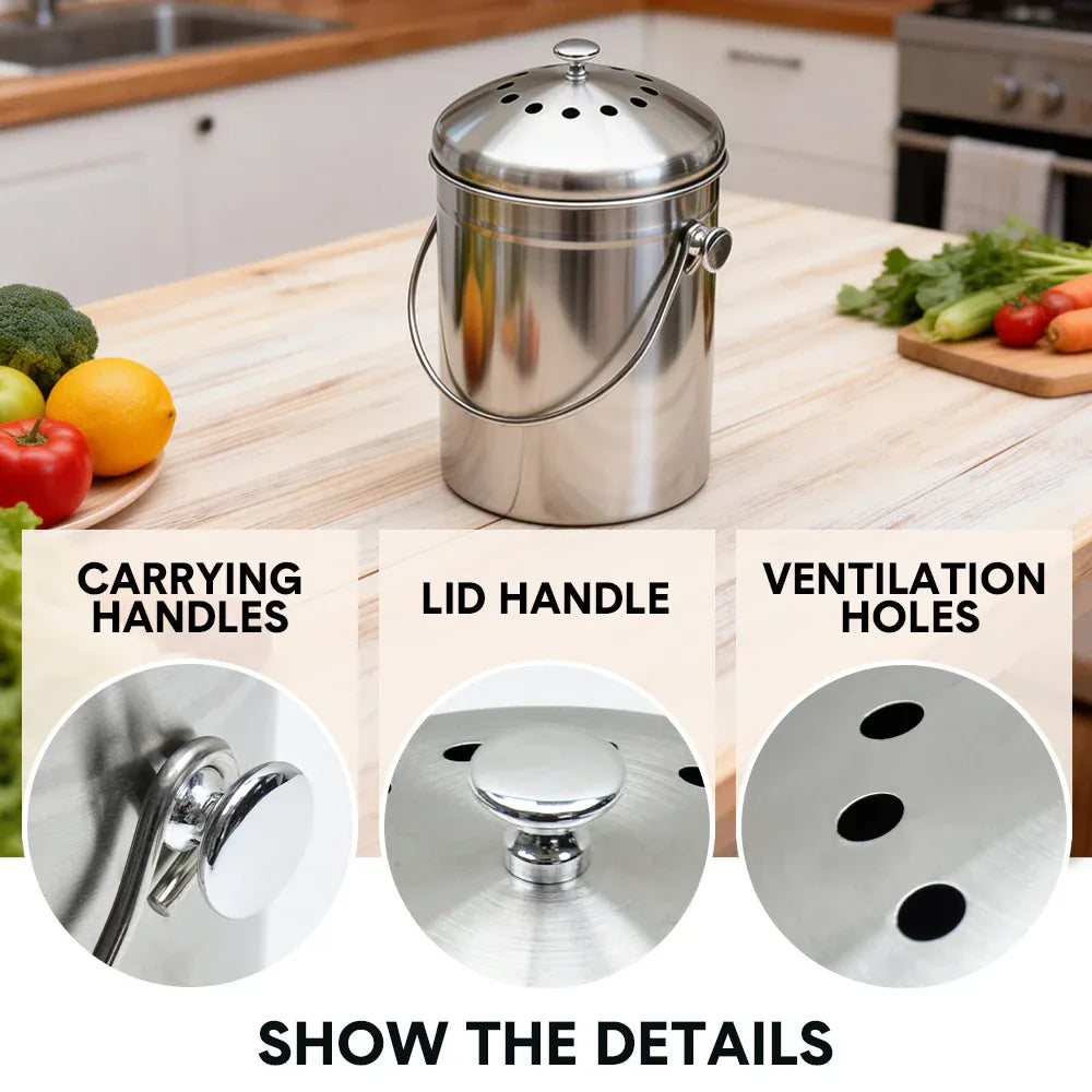 5L Compost Bin Kitchen Countertop Stainless Steel Composter Bucket with Lid and Charcoal Caddy Kitchen Waste Pail Odour Free and Easy Cleaning Silver