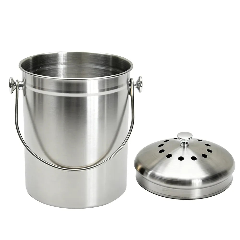 5L Compost Bin Kitchen Countertop Stainless Steel Composter Bucket with Lid and Charcoal Caddy Kitchen Waste Pail Odour Free and Easy Cleaning Silver