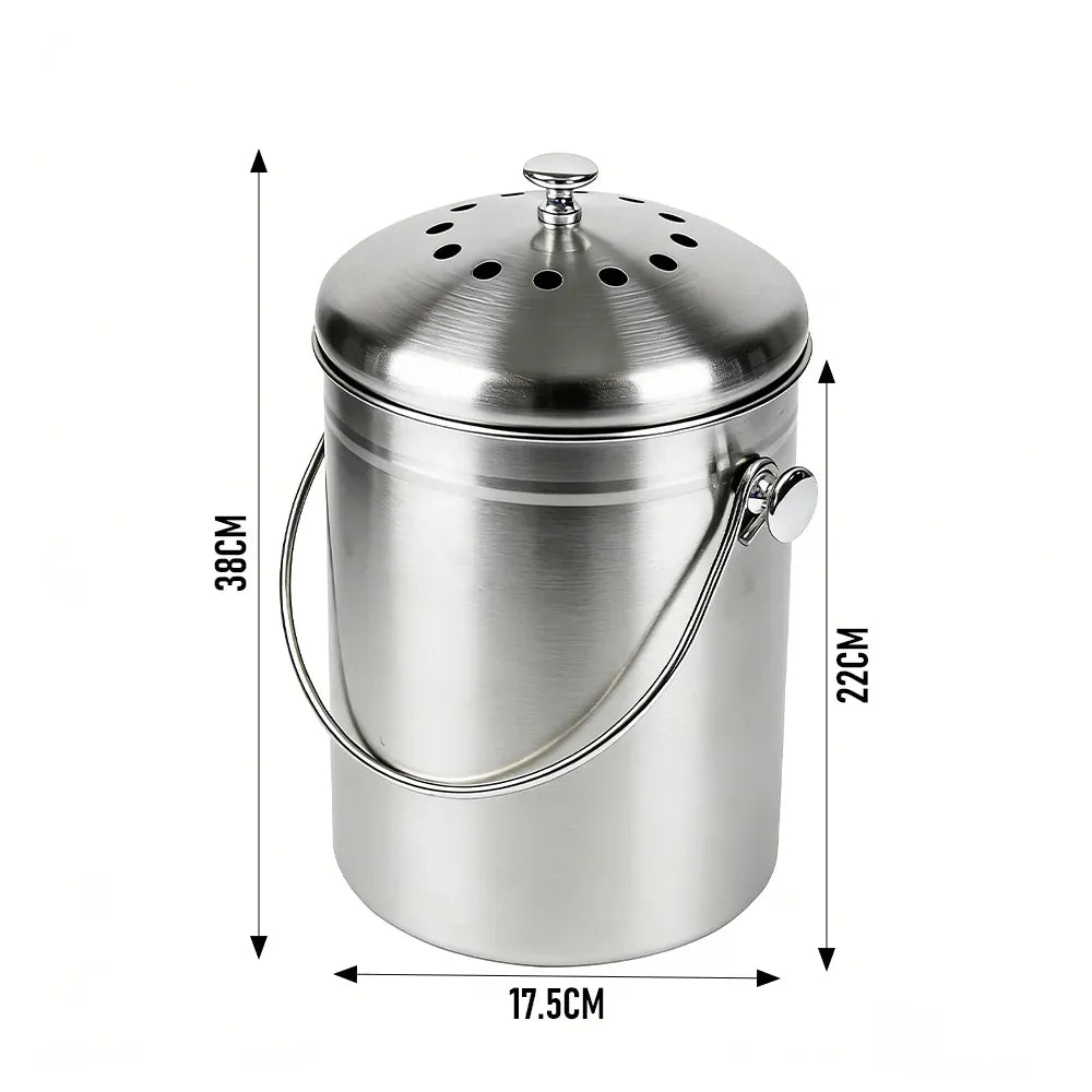 5L Compost Bin Kitchen Countertop Stainless Steel Composter Bucket with Lid and Charcoal Caddy Kitchen Waste Pail Odour Free and Easy Cleaning Silver
