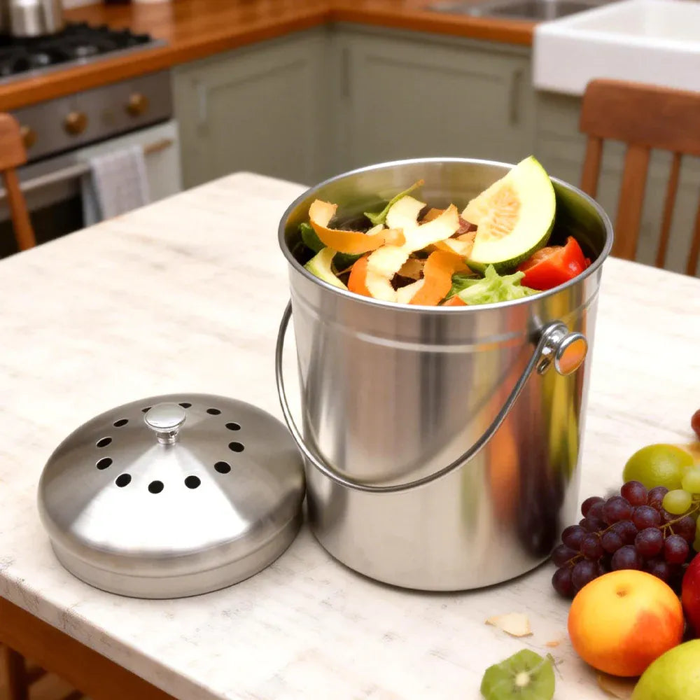 5L Compost Bin Kitchen Countertop Stainless Steel Composter Bucket with Lid and Charcoal Caddy Kitchen Waste Pail Odour Free and Easy Cleaning Silver