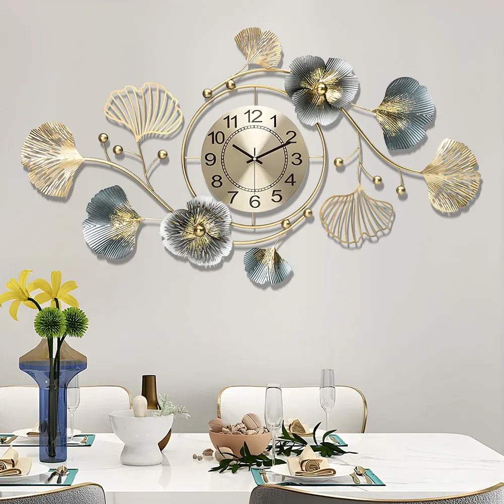 Large Wall Clock 22cm Metal Silent Non Ticking Decoration Hanging Clock Battery Operated with 3D Ginkgo Leaf Design for Living Room Bedroom Home Office