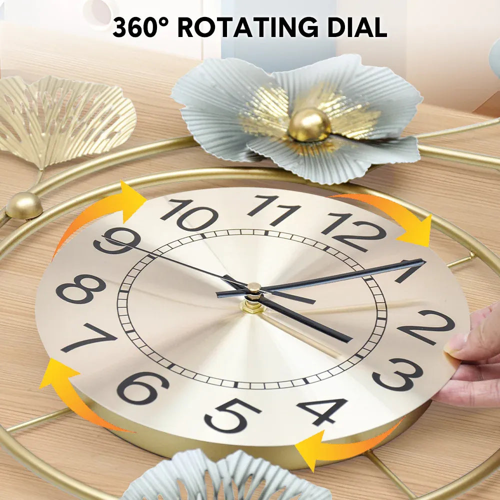 Large Wall Clock 22cm Metal Silent Non Ticking Decoration Hanging Clock Battery Operated with 3D Ginkgo Leaf Design for Living Room Bedroom Home Office