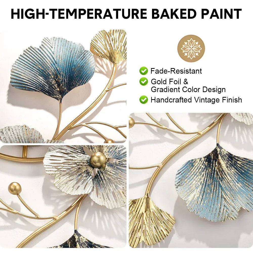 Large Wall Clock 22cm Metal Silent Non Ticking Decoration Hanging Clock Battery Operated with 3D Ginkgo Leaf Design for Living Room Bedroom Home Office