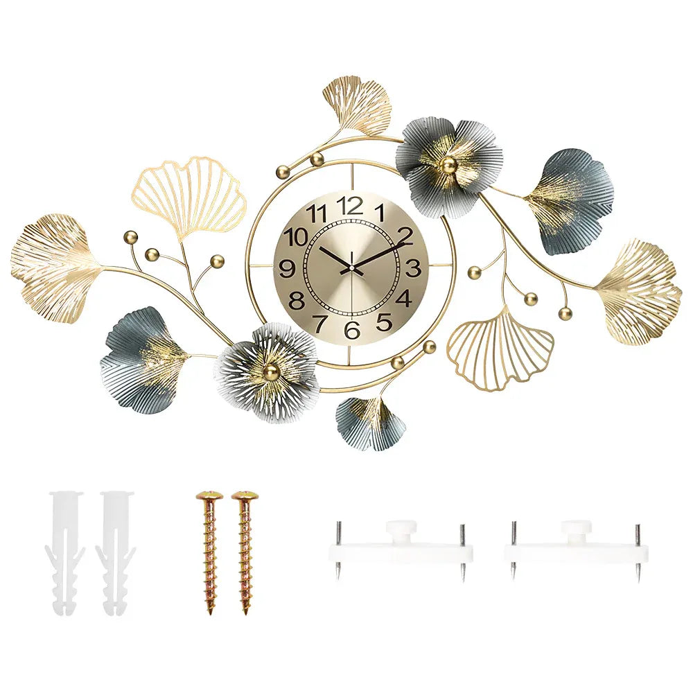 Large Wall Clock 22cm Metal Silent Non Ticking Decoration Hanging Clock Battery Operated with 3D Ginkgo Leaf Design for Living Room Bedroom Home Office