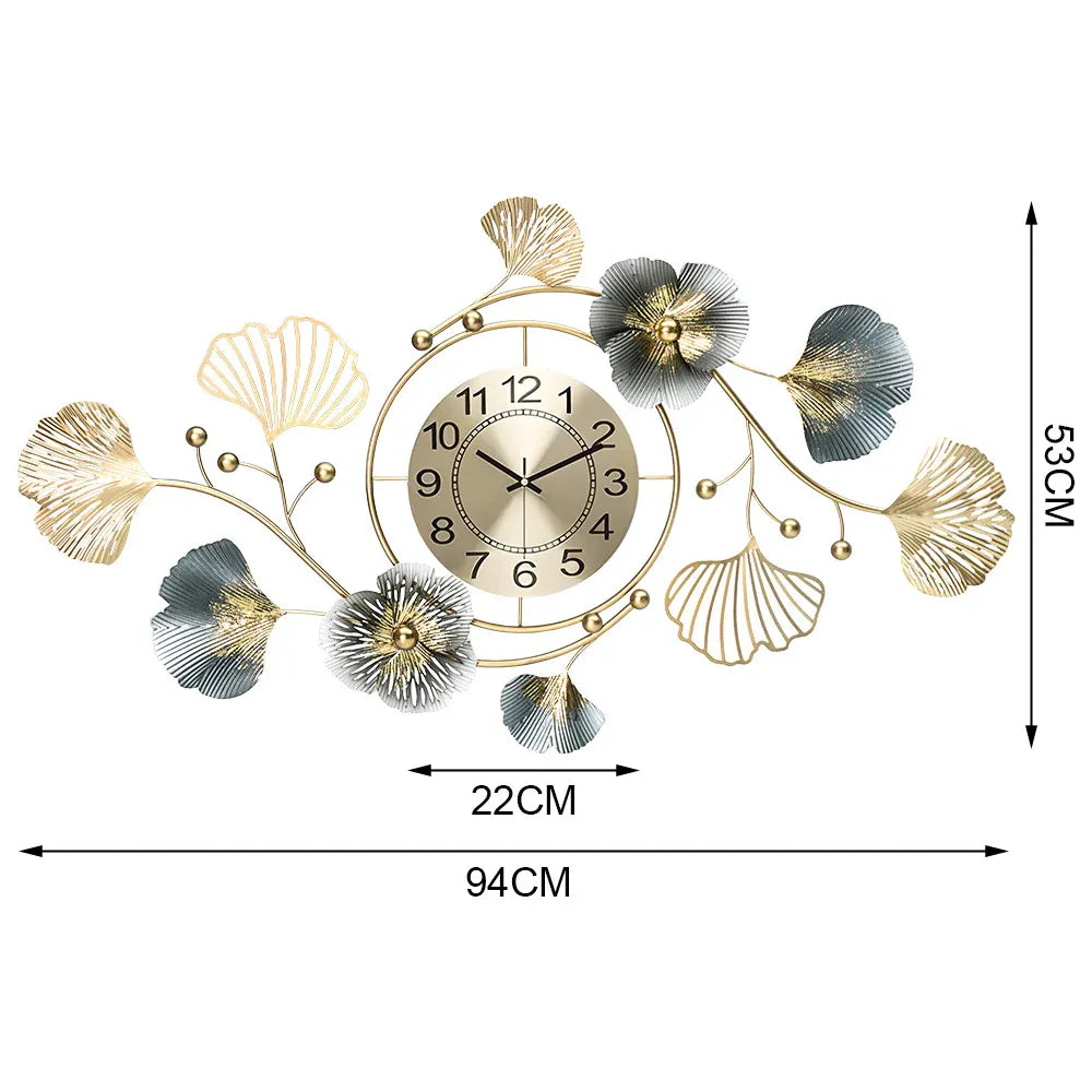 Large Wall Clock 22cm Metal Silent Non Ticking Decoration Hanging Clock Battery Operated with 3D Ginkgo Leaf Design for Living Room Bedroom Home Office