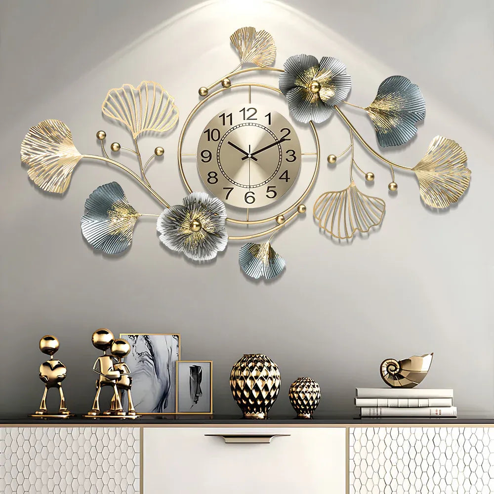 Large Wall Clock 22cm Metal Silent Non Ticking Decoration Hanging Clock Battery Operated with 3D Ginkgo Leaf Design for Living Room Bedroom Home Office