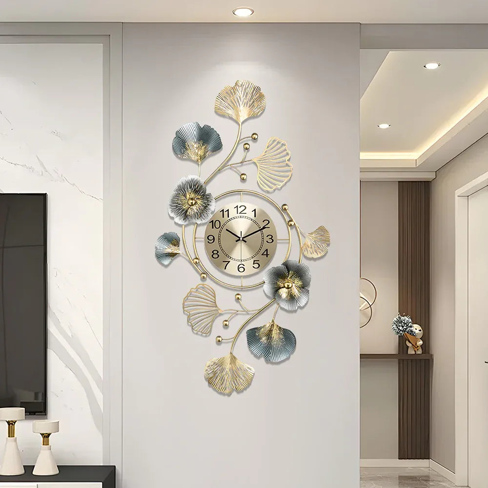 Large Wall Clock 22cm Metal Silent Non Ticking Decoration Hanging Clock Battery Operated with 3D Ginkgo Leaf Design for Living Room Bedroom Home Office