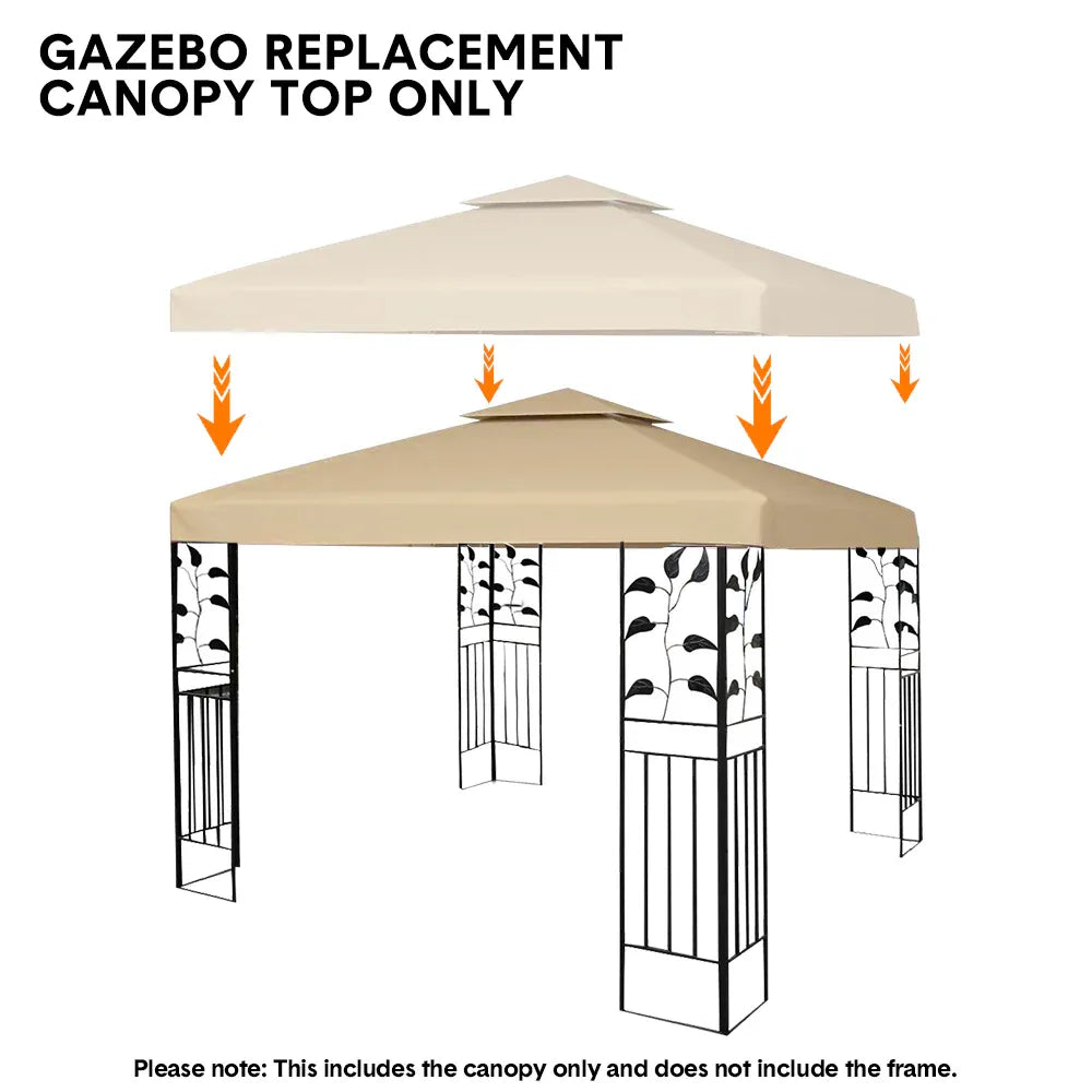 3x3m Gazebo Cover 2-Tier Canopy Replacement Outdoor Waterproof Shelter Top with Airvent and PA Coating for Garden Patio Pavilion Sun Shade Khaki