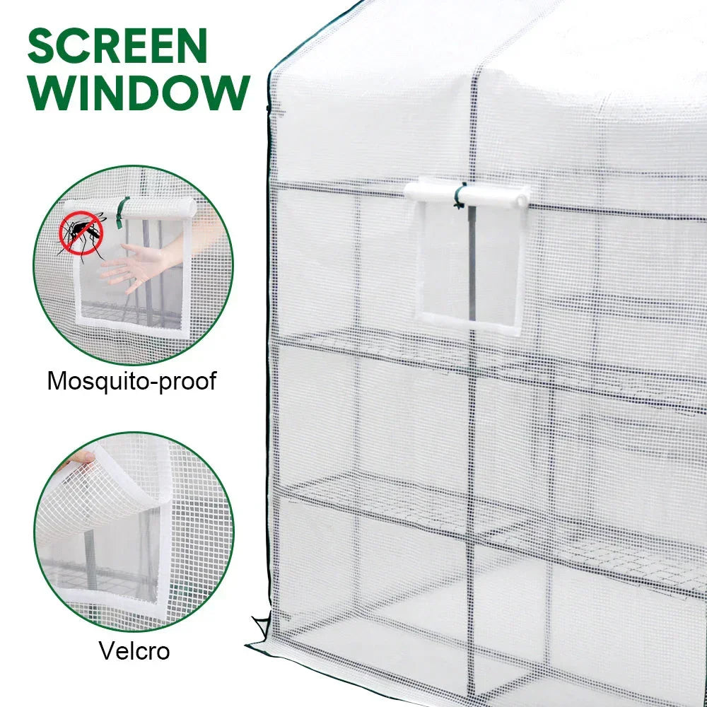Greenhouse Walk-In Tunnel 3 Tier Planting Shelves 143x143x195cm Strong Stability with PE Cover Roll-up Zipper Door and Window for Outdoor Vegetable Plants