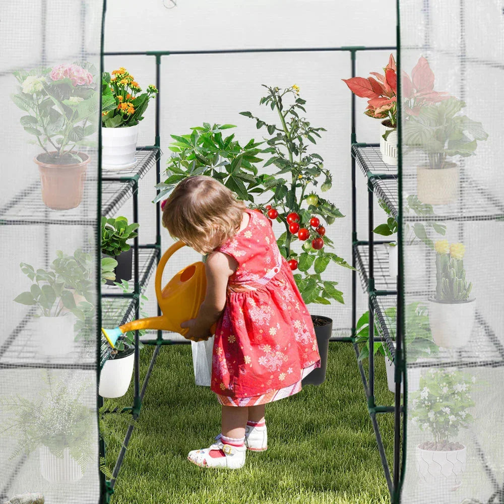 Greenhouse Walk-In Tunnel 3 Tier Planting Shelves 143x143x195cm Strong Stability with PE Cover Roll-up Zipper Door and Window for Outdoor Vegetable Plants