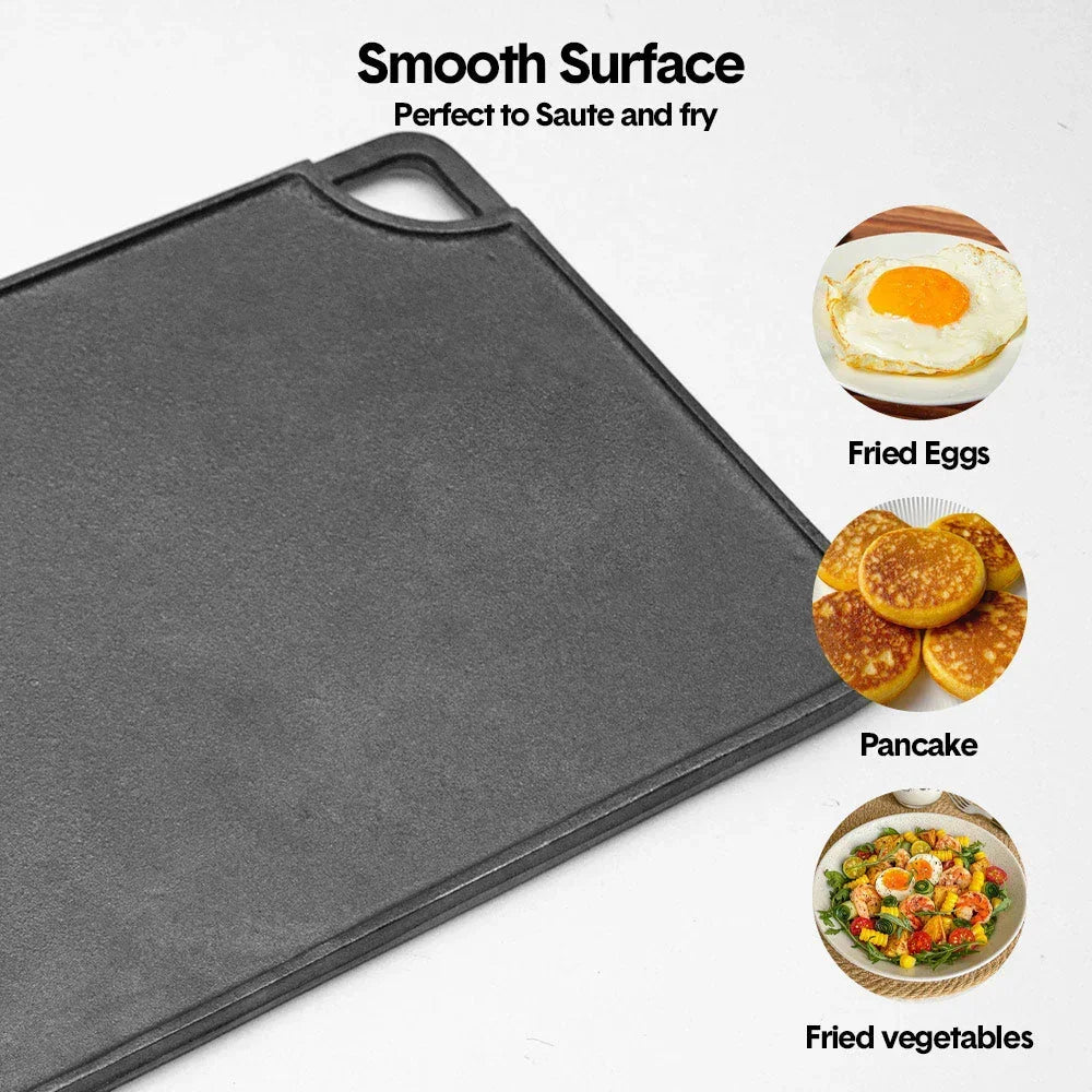 Reversible Cast Iron Griddle Rectangular BBQ Plate 43x24cm Double-Sided Flat Top Griddle Pan and Grooved Grill for Gas Stovetop Oven and Open Fire Black