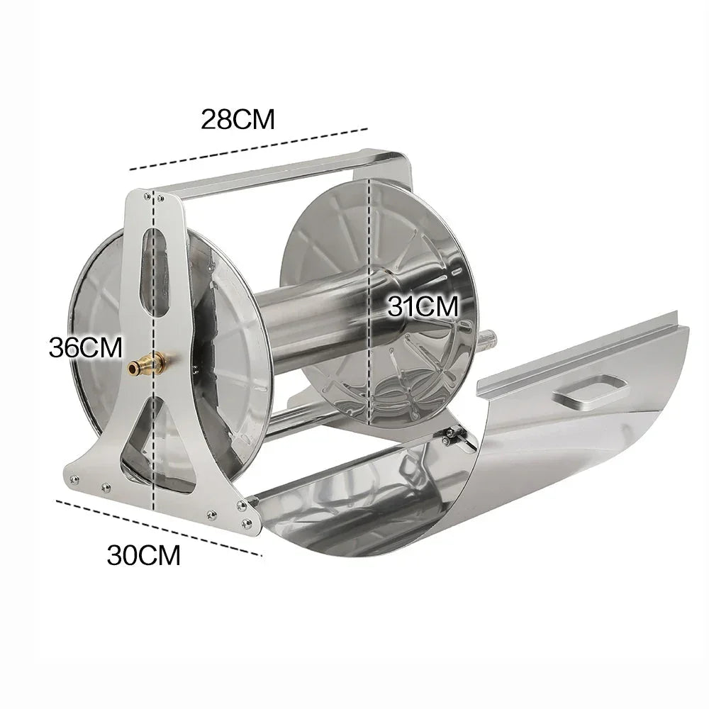 Large Stainless Steel Garden Hose Reel Cart Portable Pipe Holder With Rainproof Sunscreen Protection Lid and Crank Handle