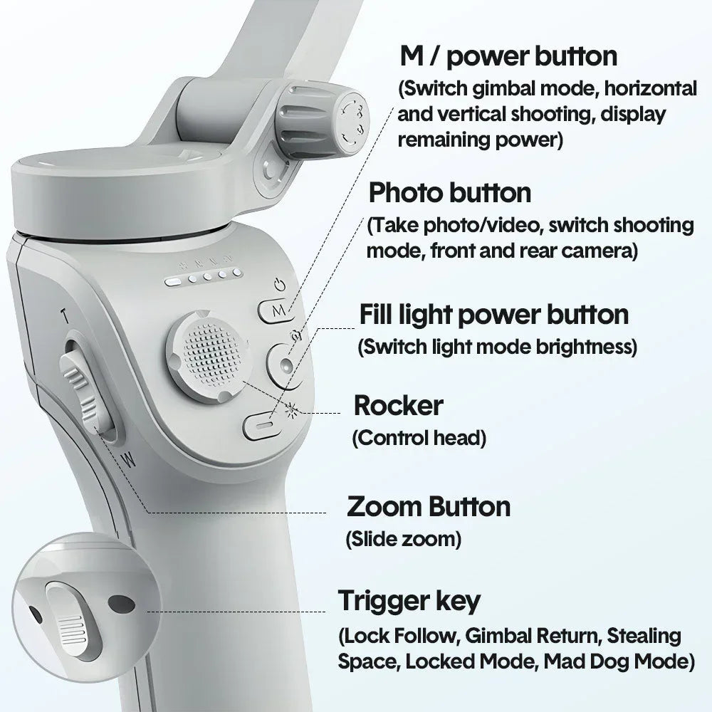 Portable Mobile Intelligent Gimbal 3 Axis Handheld Foldable and Rechargeable Smartphone Stabilizer 8 Modes with Tripod for Video Recording Face Tracking