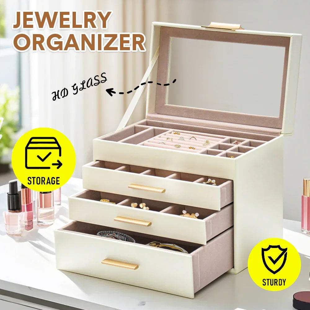4 Layer Jewelry Box PU Leather Jewellery Organizer Multi-functional Storage Case with Clear Glass Lid and 3 Drawers for Necklaces Rings Earrings Watches