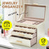 4 Layer Jewelry Box PU Leather Jewellery Organizer Multi-functional Storage Case with Clear Glass Lid and 3 Drawers for Necklaces Rings Earrings Watches