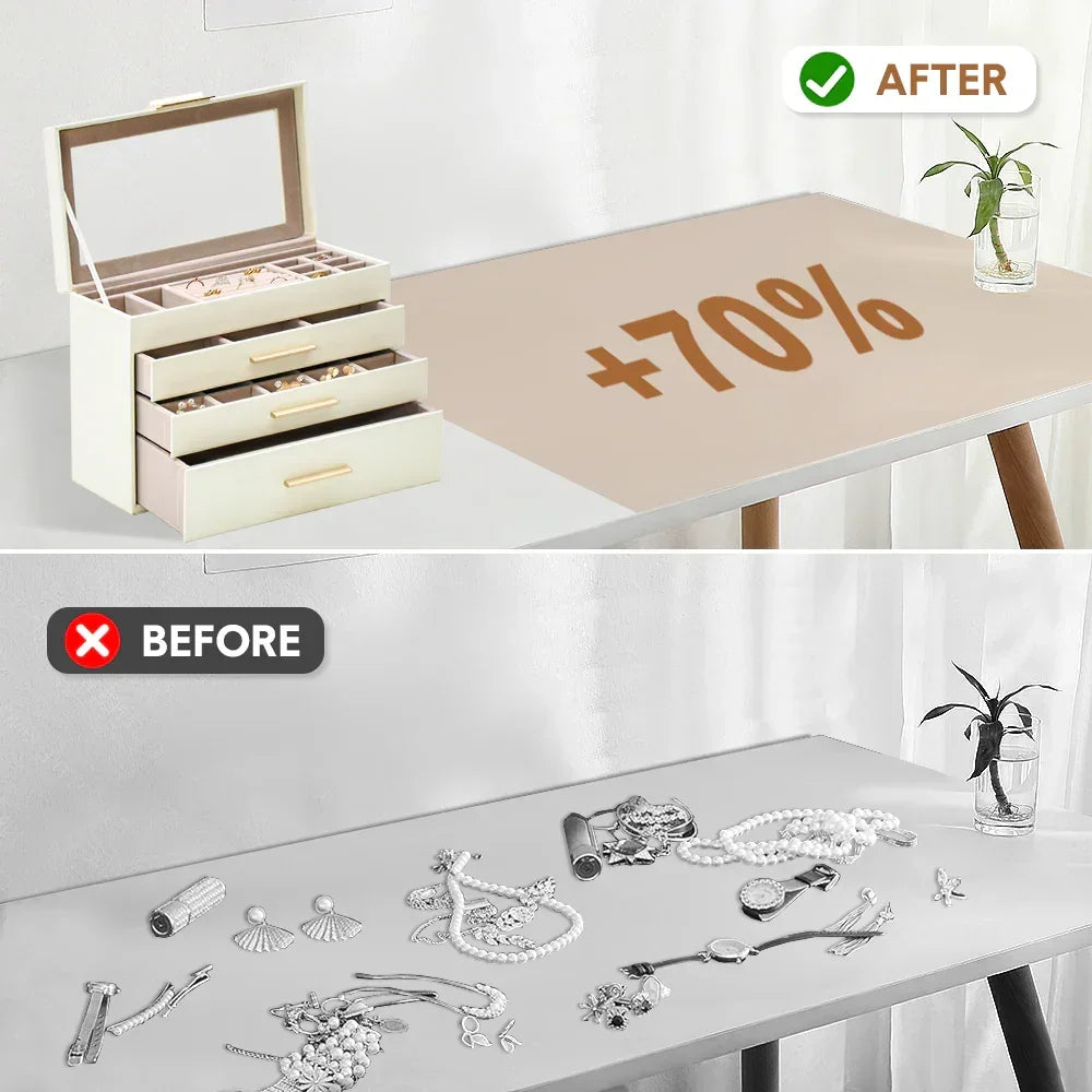 4 Layer Jewelry Box PU Leather Jewellery Organizer Multi-functional Storage Case with Clear Glass Lid and 3 Drawers for Necklaces Rings Earrings Watches