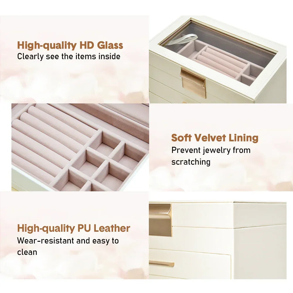 4 Layer Jewelry Box PU Leather Jewellery Organizer Multi-functional Storage Case with Clear Glass Lid and 3 Drawers for Necklaces Rings Earrings Watches