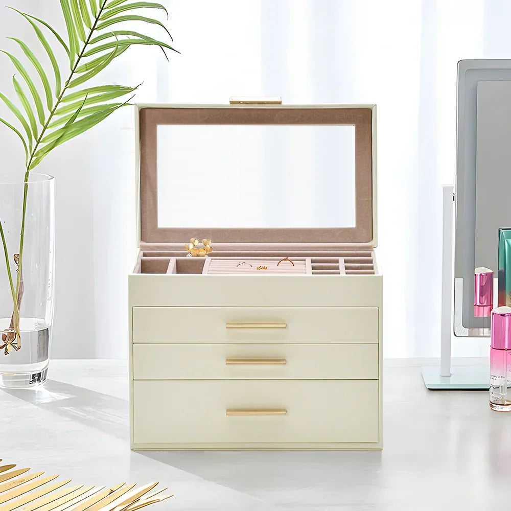 4 Layer Jewelry Box PU Leather Jewellery Organizer Multi-functional Storage Case with Clear Glass Lid and 3 Drawers for Necklaces Rings Earrings Watches