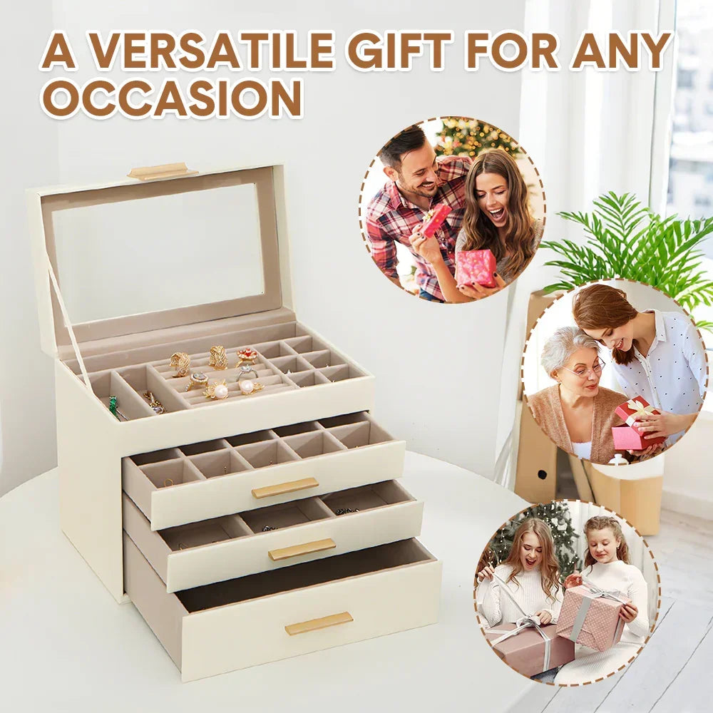 4 Layer Jewelry Box PU Leather Jewellery Organizer Multi-functional Storage Case with Clear Glass Lid and 3 Drawers for Necklaces Rings Earrings Watches