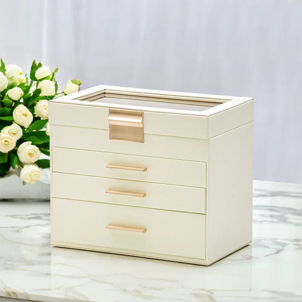 4 Layer Jewelry Box PU Leather Jewellery Organizer Multi-functional Storage Case with Clear Glass Lid and 3 Drawers for Necklaces Rings Earrings Watches