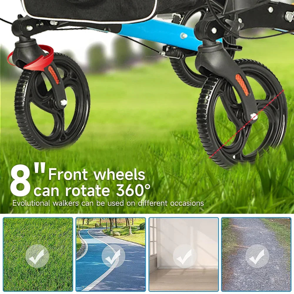 2 In 1 Foldable X-Fold Mobility Walker Rollator Chair Aid 8 Inch Wheel Max Load 136KG with Zippered Storage Bag for Elderly Seniors Indoor Outdoor Use
