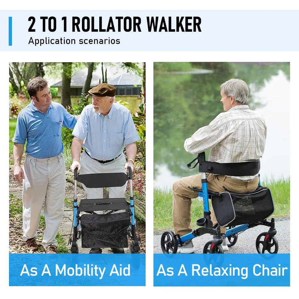 2 In 1 Foldable X-Fold Mobility Walker Rollator Chair Aid 8 Inch Wheel Max Load 136KG with Zippered Storage Bag for Elderly Seniors Indoor Outdoor Use