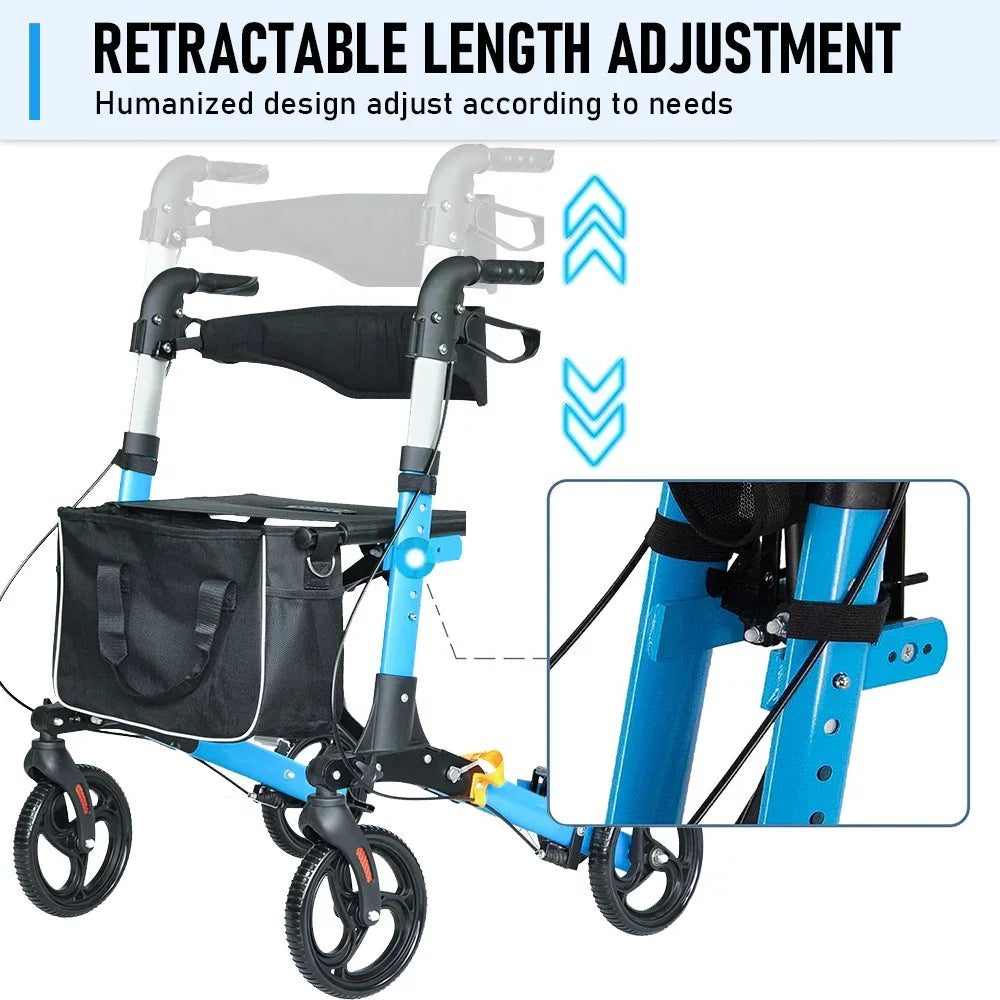 2 In 1 Foldable X-Fold Mobility Walker Rollator Chair Aid 8 Inch Wheel Max Load 136KG with Zippered Storage Bag for Elderly Seniors Indoor Outdoor Use