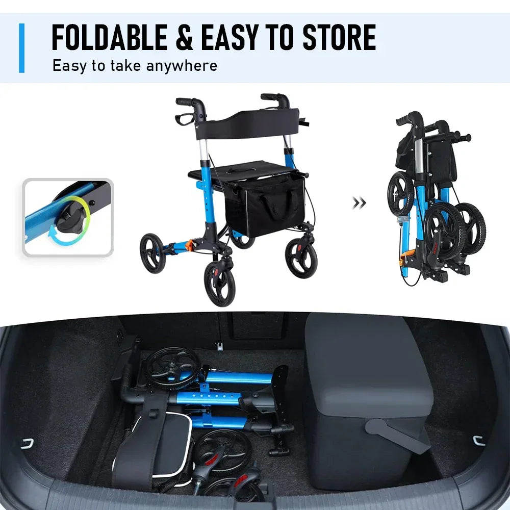 2 In 1 Foldable X-Fold Mobility Walker Rollator Chair Aid 8 Inch Wheel Max Load 136KG with Zippered Storage Bag for Elderly Seniors Indoor Outdoor Use