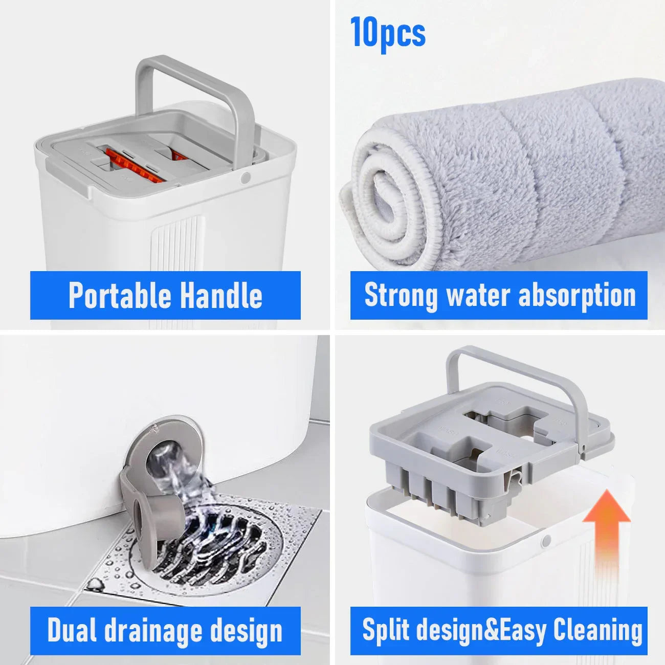 Flat D Set Mop and Bucket Wringer Set with Stainless-Steel Handle 10 Washable and Reusable Microfiber Pads for Hardwood Laminate Floors Tile