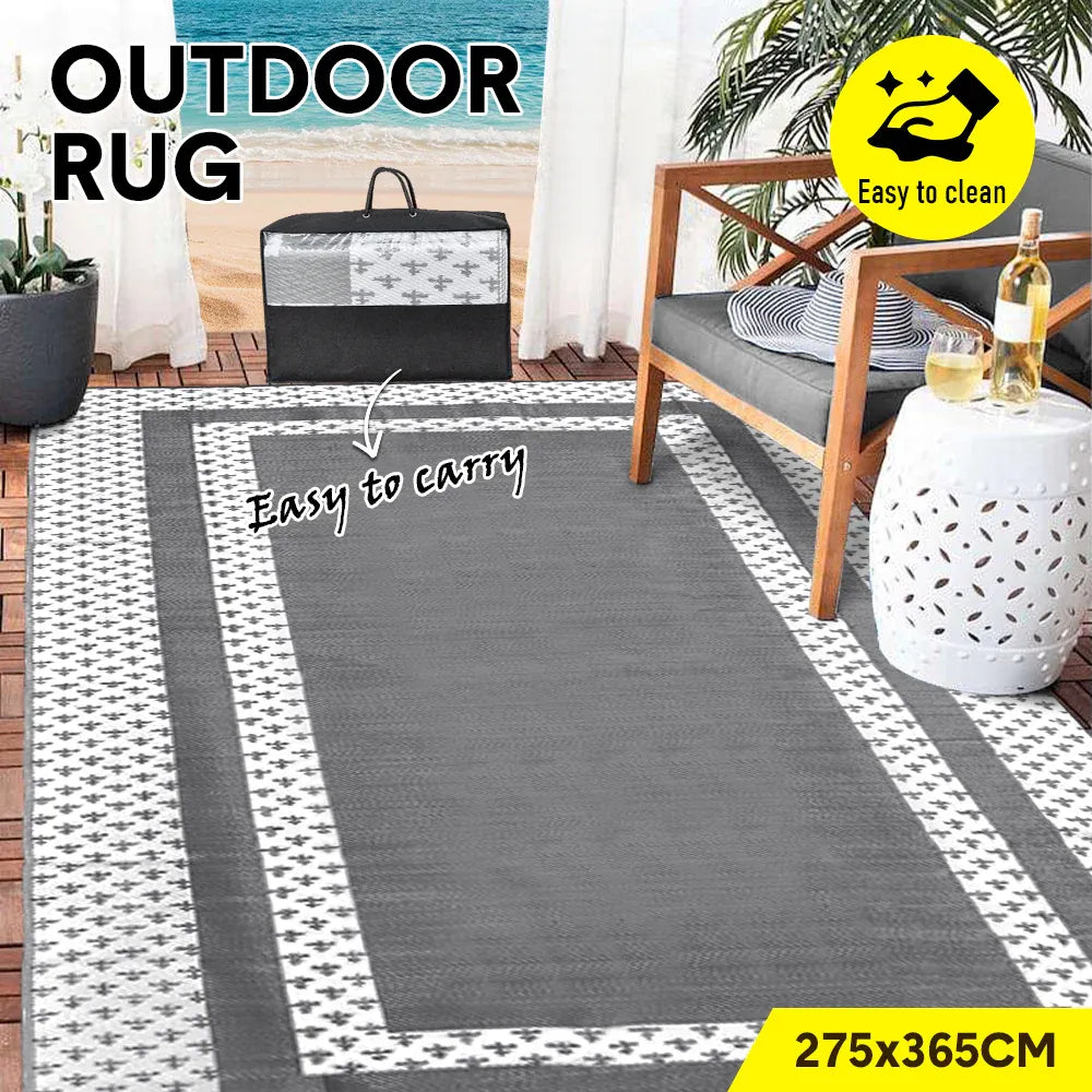 Large Outdoor Rug 275x365cm Weatherproof Plastic Weave Mat Washable Outside Solid Carpet Easy Care for Patio Deck Backyard Garden RV Camping Silver Grey