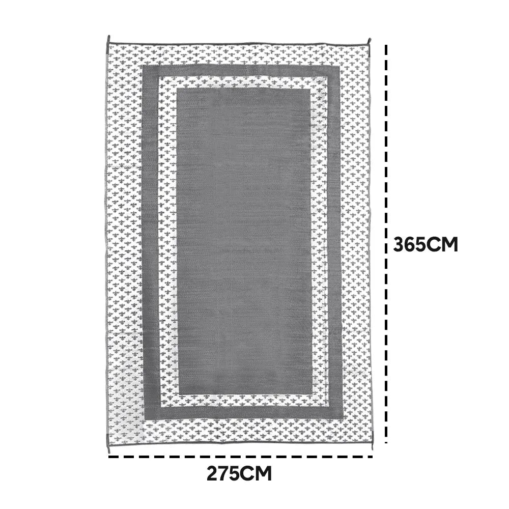 Large Outdoor Rug 275x365cm Weatherproof Plastic Weave Mat Washable Outside Solid Carpet Easy Care for Patio Deck Backyard Garden RV Camping Silver Grey