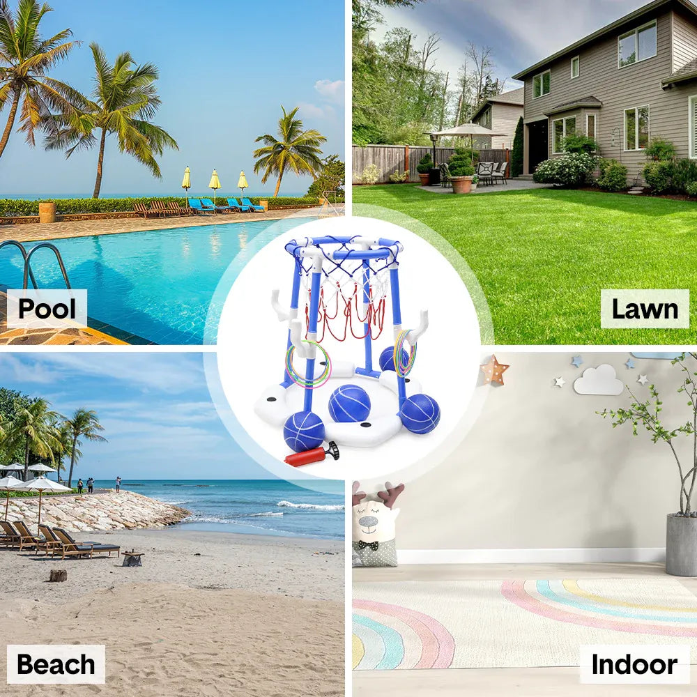 Pool Basketball Hoop Set Floating Swimming Pool Toys Inflatable Poolside Game with 4 Balls 12 Circles and Pump Fun Water Sport Toy for Kids and Adults