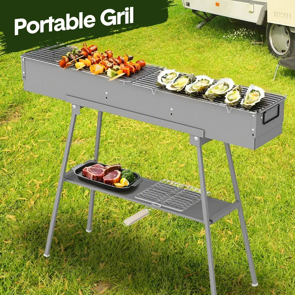 Portable Charcoal Grill Rectangular Folding Stainless Steel BBQ Grill L100xW18cm For Skewer and Kebabs with Storage Shelf Outdoor Camping Patio Cooking
