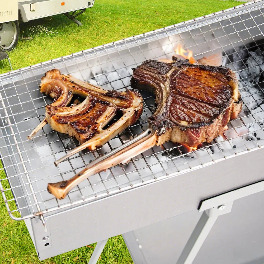 Portable Charcoal Grill Rectangular Folding Stainless Steel BBQ Grill L100xW18cm For Skewer and Kebabs with Storage Shelf Outdoor Camping Patio Cooking