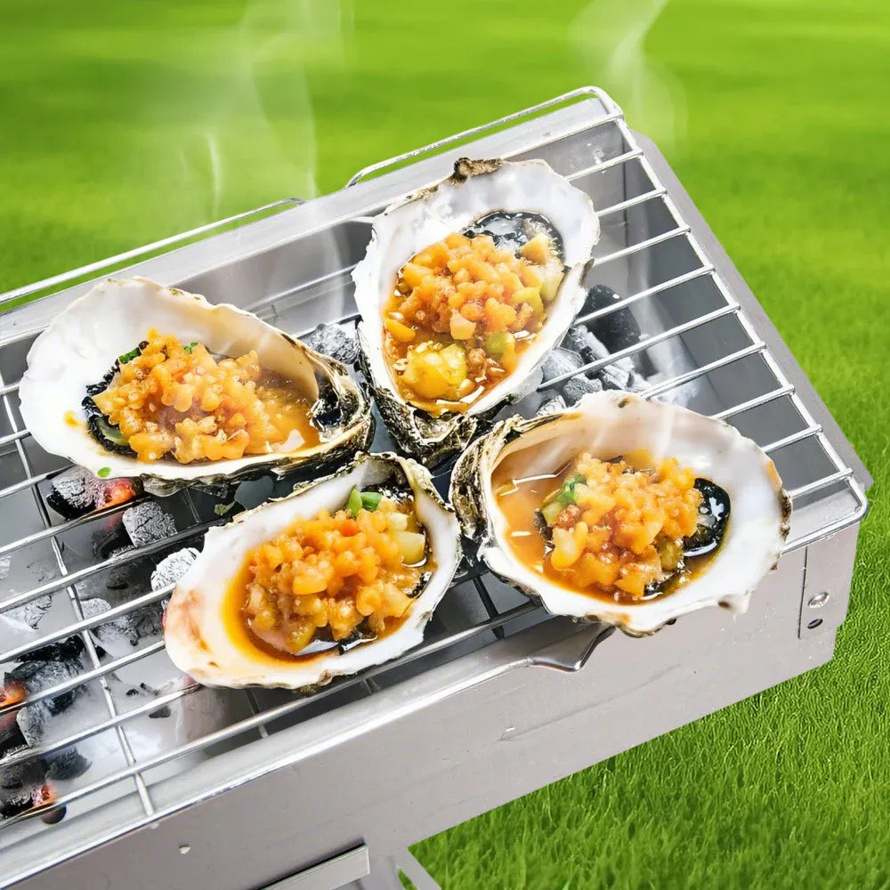 Portable Charcoal Grill Rectangular Folding Stainless Steel BBQ Grill L100xW18cm For Skewer and Kebabs with Storage Shelf Outdoor Camping Patio Cooking