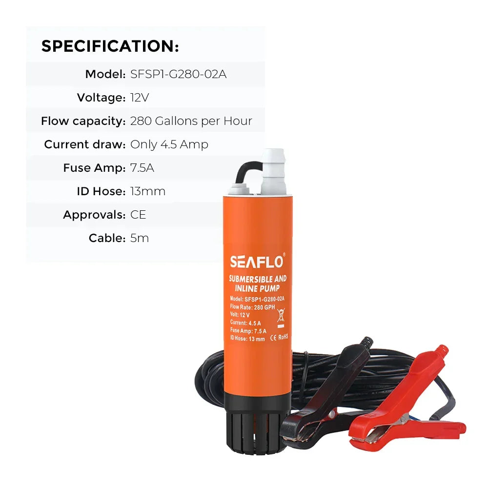 Submersible Inline Pump 12V 280GPH Transfer Pump Water Resistant High Pressure Washing Water Diesel Pump For RV Marine Boat Caravan