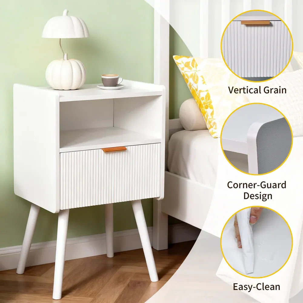 White Nightstand Modern Solid Wooden Open Shelf Bedside Table with One Storage Drawer and Solid Legs for Living Room Bedroom Apartment Easy Assembly