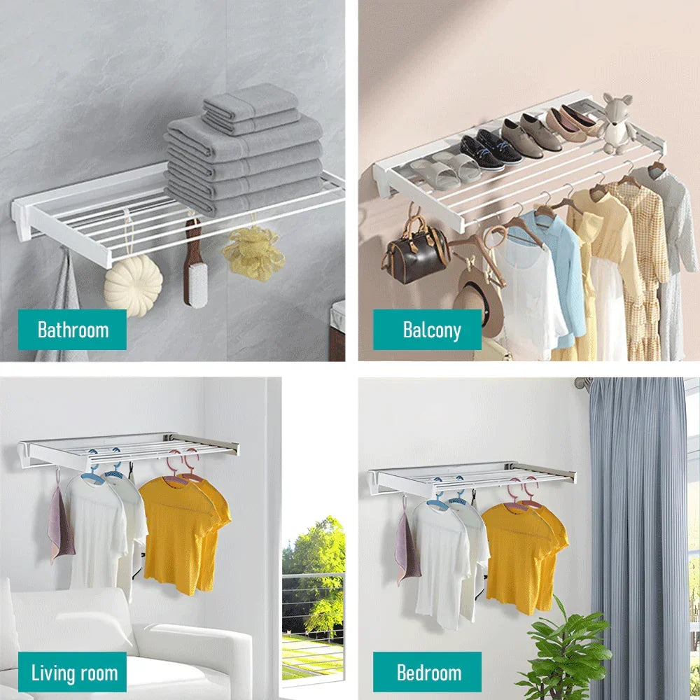 Wall Mounted Drying Rack Black Clothes Airer Space Saver Folding Dryer Bearing Capacity 12KG Foldable Rail With Hooks Indoor Outdoor Balcony Laundry