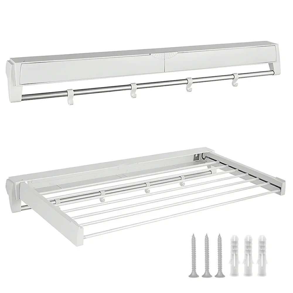 Wall Mounted Drying Rack Clothes Airer Space Saver Folding Dryer Bearing Capacity 12KG Foldable Rail With Hooks Indoor Outdoor Balcony Laundry White